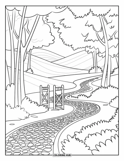 Desenho de parque para colorir para crianças: Uma ciclovia de pedras atravessa uma ponte em um parque tranquilo com colinas suaves