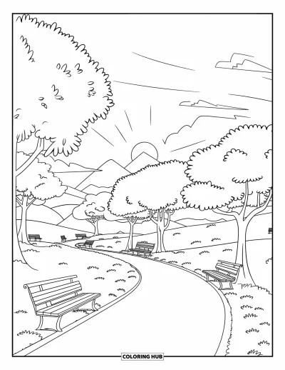 Desenho de parque para colorir para crianças: Um caminho curvo com bancos e árvores atravessa colinas gramadas e montanhas ao fundo