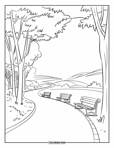 Desenho de parque para colorir para crianças: Um caminho sinuoso no parque passa por árvores e bancos sob um céu sereno