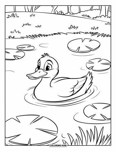 Desenho de parque para colorir para crianças: Um pato nada em um lago tranquilo com nenúfares e margens gramadas