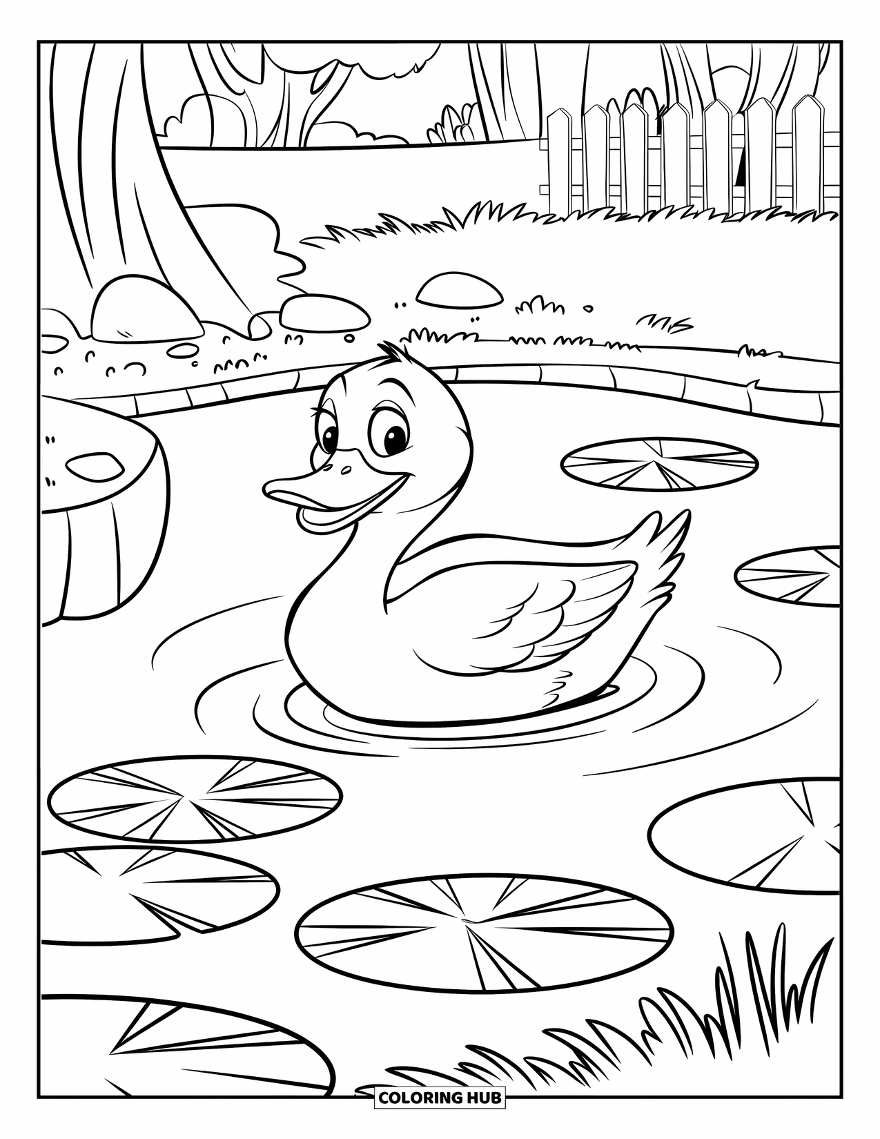 Park Coloring Page for Kids: A duck swims by lily pads in a small pond surrounded by rocks and trees