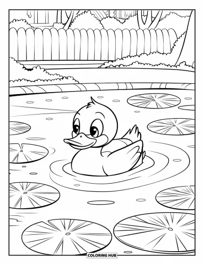 Desenho de parque para colorir para crianças: Um pato de pés alaranjados flutua em um lago com nenúfares perto de árvores e uma cerca