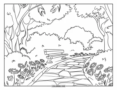 Desenho de parque para colorir para crianças: Um caminho de pedras ladeado de flores leva a um banco sob árvores frondosas no parque