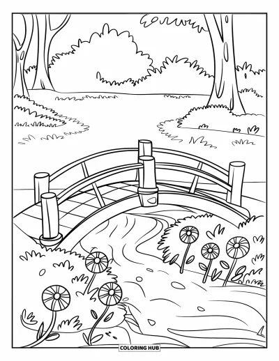 Desenho de parque para colorir para crianças: Um riacho ladeado de flores passa sob uma ponte de madeira em um parque cheio de árvores