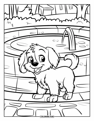 Desenho de parque para colorir para crianças: Um filhote fofo abana o rabo ao lado de uma fonte redonda no parque entre árvores