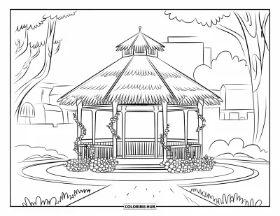 Desenho de parque para colorir para crianças: Um coreto com telhado de palha e trepadeiras fica perto de um caminho sinuoso no parque