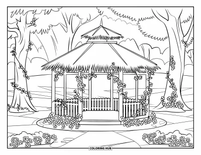 Desenho de parque para colorir para crianças: Um coreto com flores e cerca de piquetes fica em um parque com árvores altas envoltas em cipós