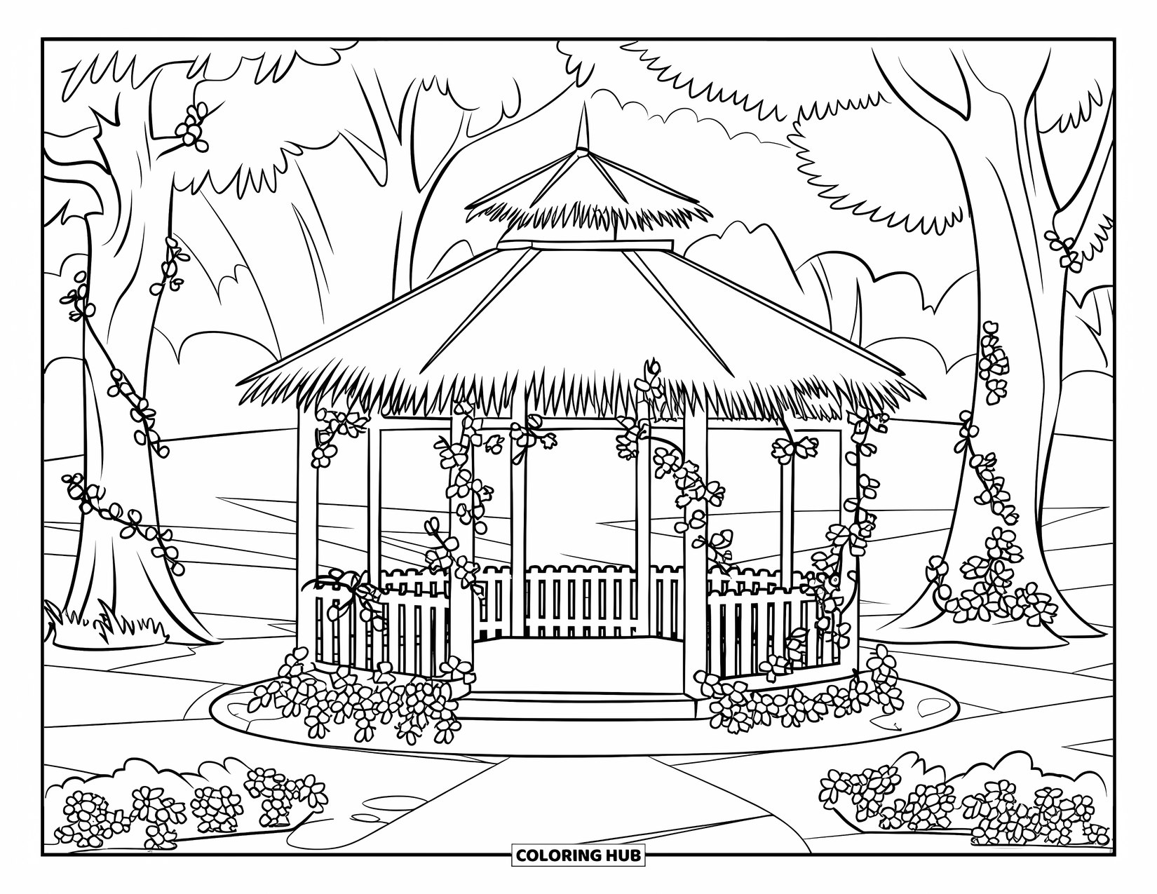 Park Coloring Page for Kids: A gazebo with flowers and a picket fence sits in a park with tall vine-wrapped trees