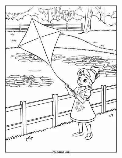 Desenho de parque para colorir para crianças: Uma menina empina uma pipa ao lado de um lago, perto de uma cerca com lírios ao fundo