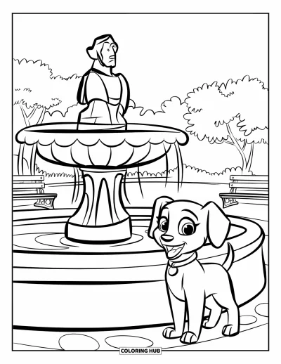 Desenho de parque para colorir para crianças: Um filhote alegre com coleira brinca ao lado de uma fonte perto de bancos e árvores
