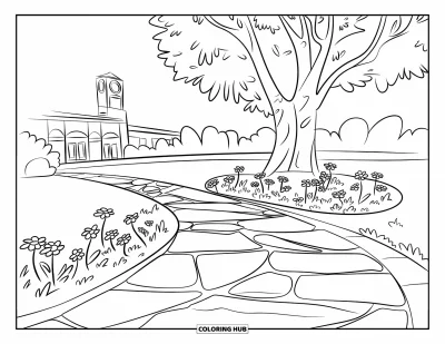 Desenho de parque para colorir para crianças: Um caminho no parque ladeado de flores passa por uma árvore e um prédio com torre de relógio