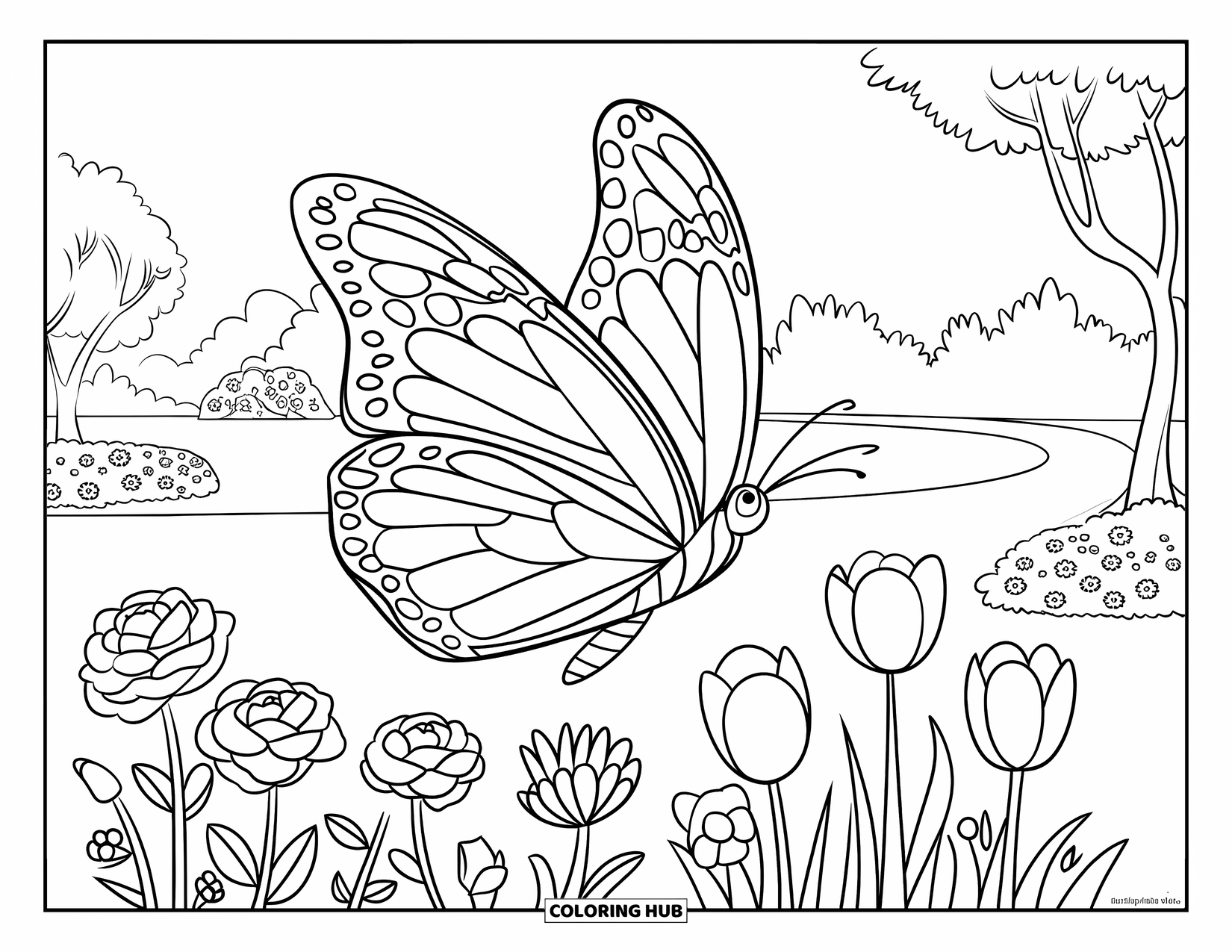 Park Coloring Page for Kids: A patterned butterfly flies over a garden full of tulips, roses, and daisies
