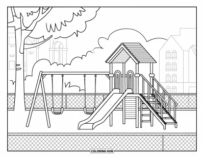 Desenho de parque para colorir para crianças: Um parquinho com escorregador, balanços e barra de macaco fica atrás de uma grade