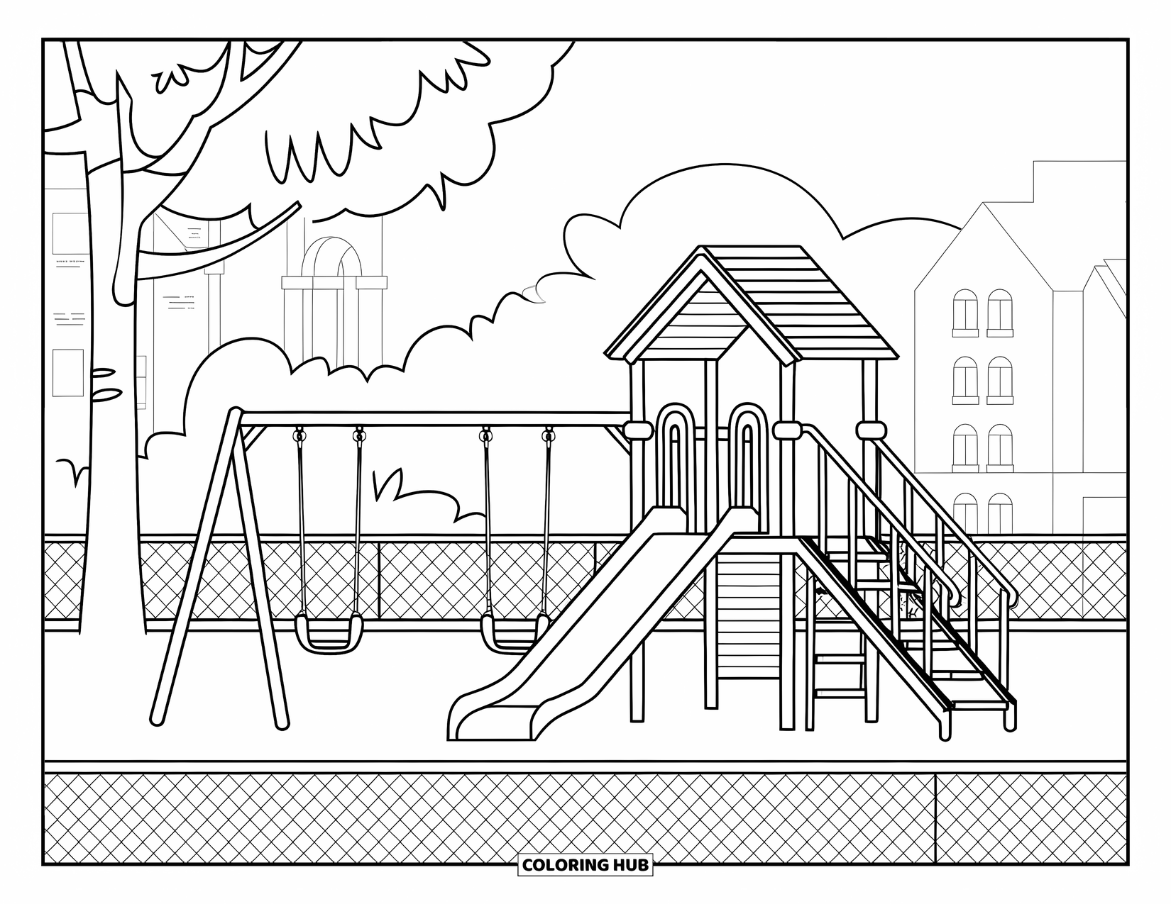 Park Coloring Page for Kids: A playground with a slide, swings, and monkey bars sits behind a chain-link fence