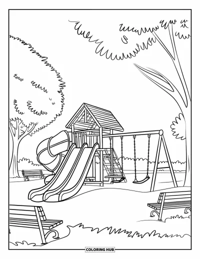 Desenho de parque para colorir para crianças: Um escorregador e balanços ficam no meio de um parque cheio de árvores