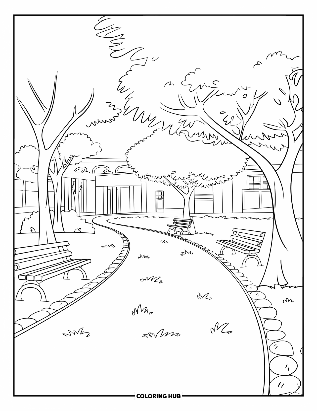 Park Coloring Page for Kids: A stone-lined park path winds past trees, benches, and a simple building