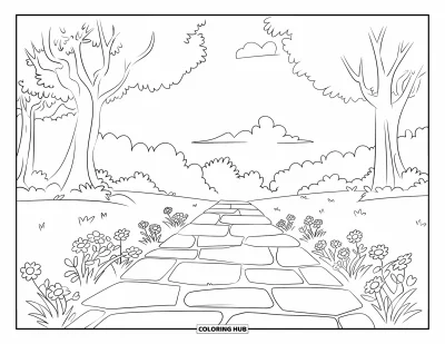 Desenho de parque para colorir para crianças: Um caminho de pedras serpenteia por um parque florido com árvores altas dos dois lados