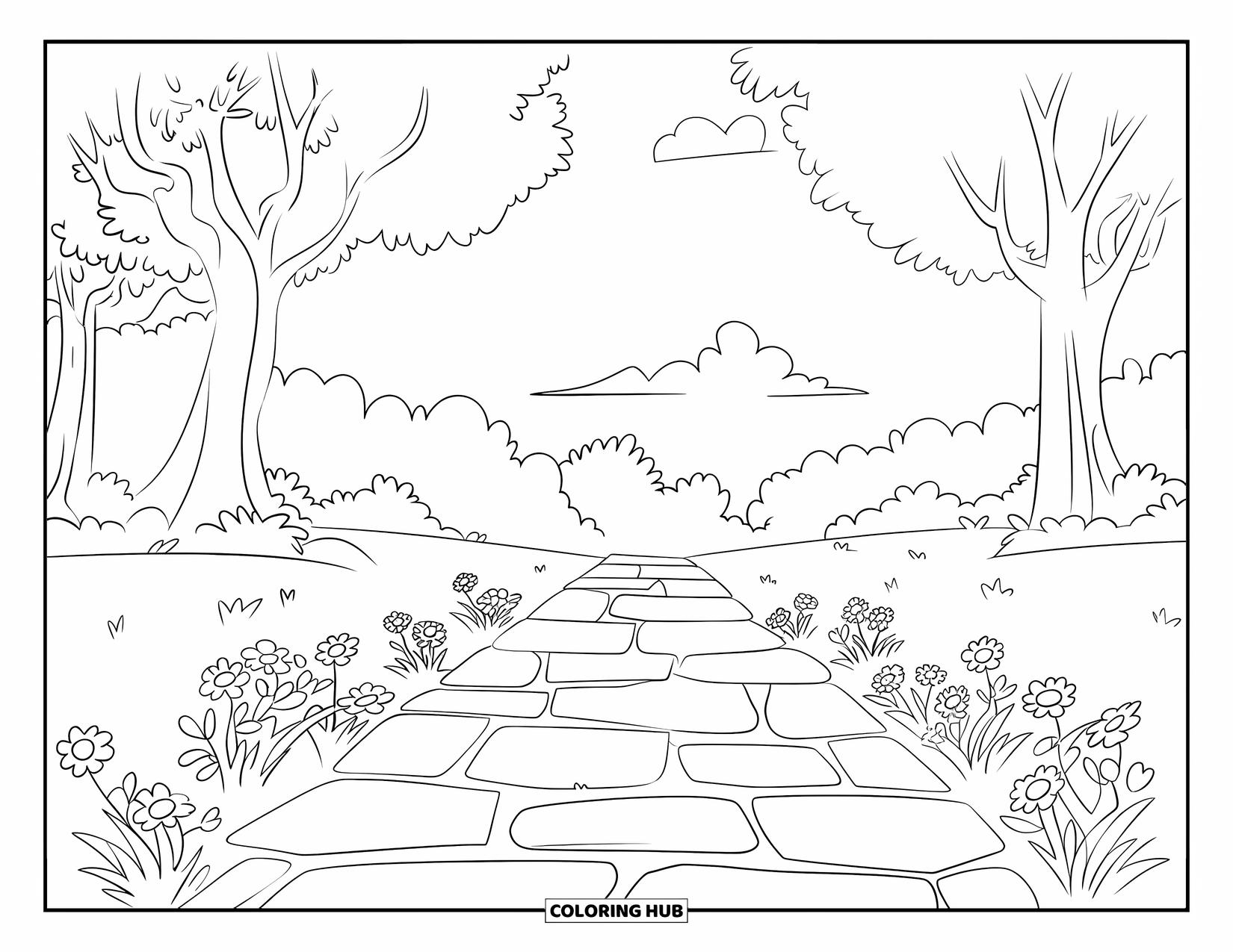 Park Coloring Page for Kids: A stone path winds through a flower-filled park with tall trees on both sides