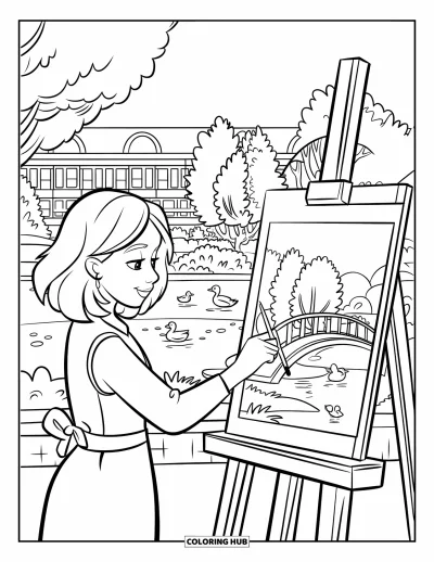 Desenho de parque para colorir para crianças: Uma adolescente pinta uma cena do parque com patos, um lago e um prédio ao fundo