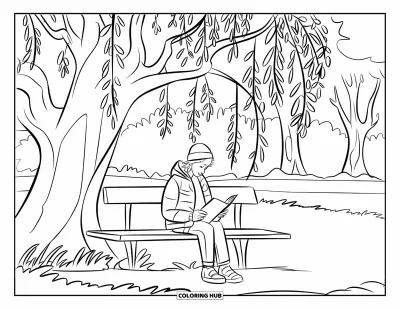 Desenho de parque para colorir para crianças: Uma adolescente de gorro lê em um banco sob um salgueiro frondoso no parque