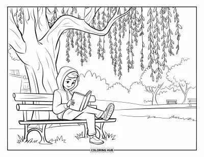 Desenho de parque para colorir para crianças: Uma adolescente de capuz lê sob um salgueiro cercado de bancos e um prédio