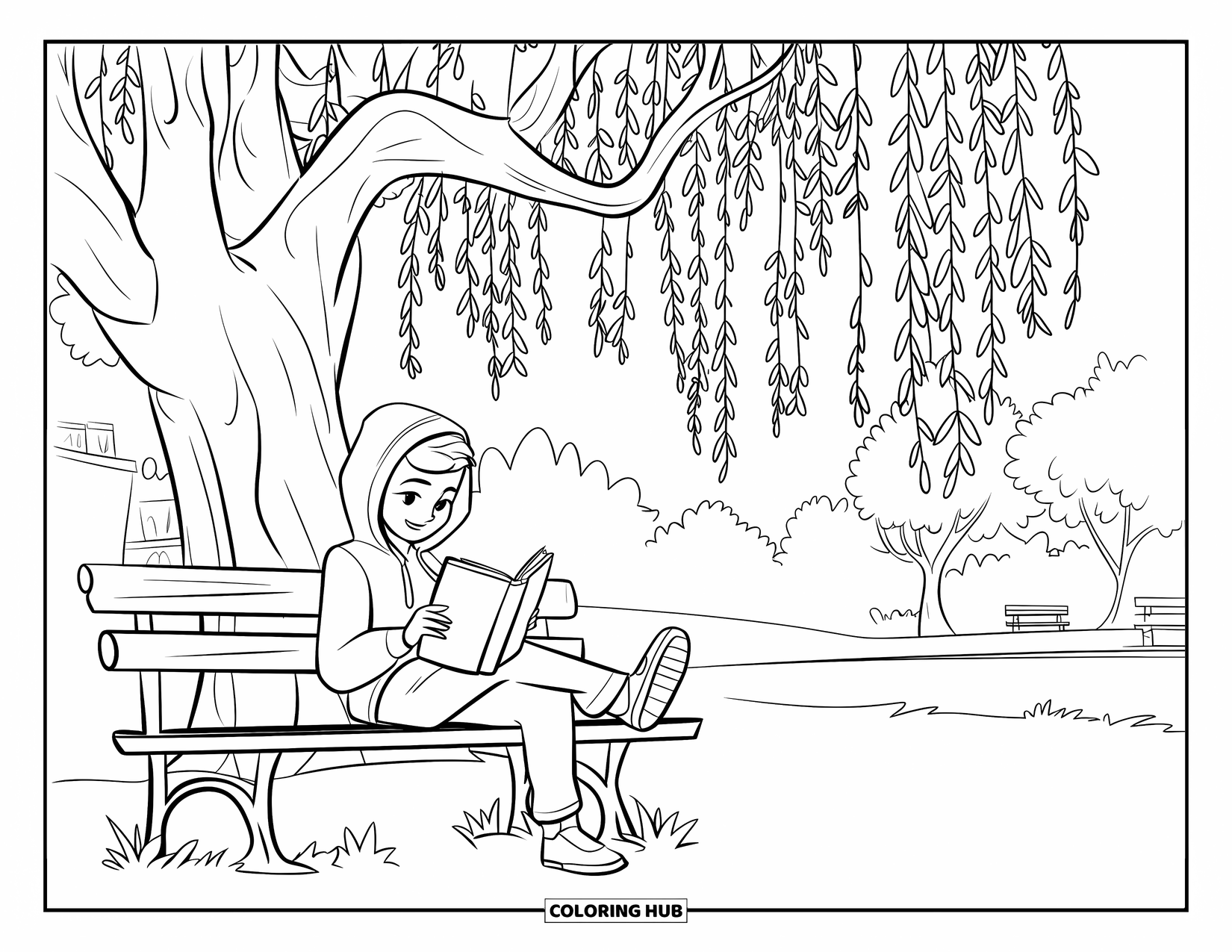 Park Coloring Page for Kids: A teen in a hoodie reads under a willow tree surrounded by benches and a building