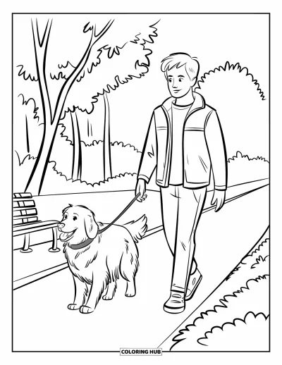 Desenho de parque para colorir para crianças: Uma adolescente de jaqueta passeia com um golden retriever em um caminho arborizado no parque