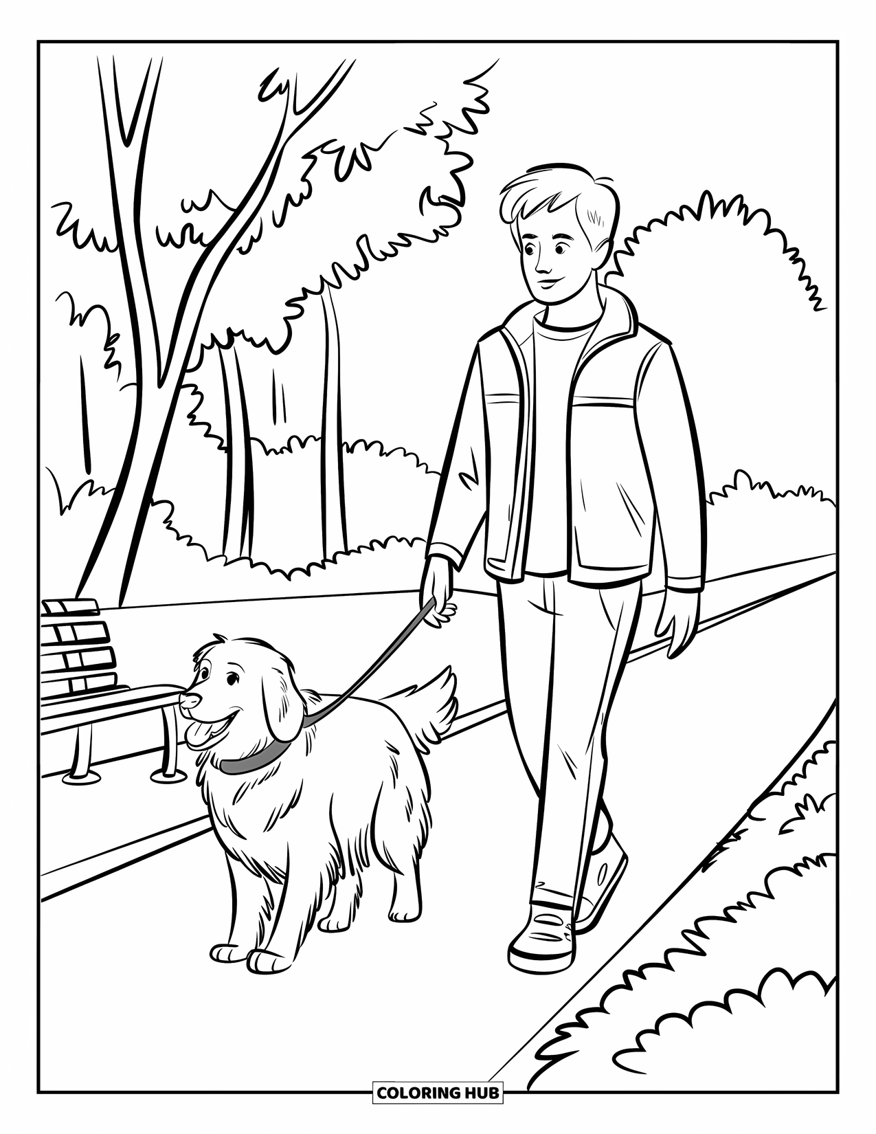 Park Coloring Page for Kids: A teen in a jacket walks a golden retriever on a tree-lined park path