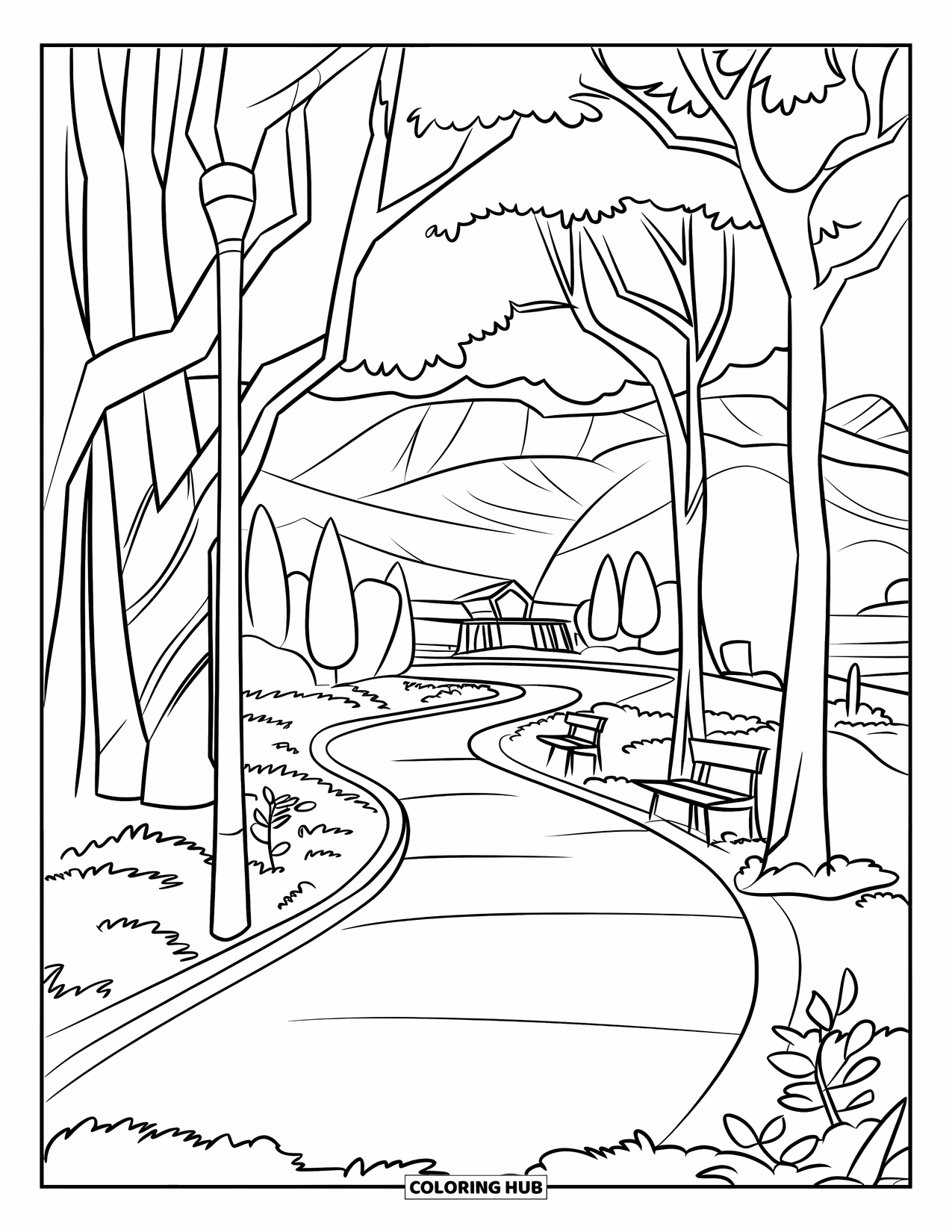 Park Coloring Page for Kids: A tree-lined biking path leads to a building, with mountains and water in the distance