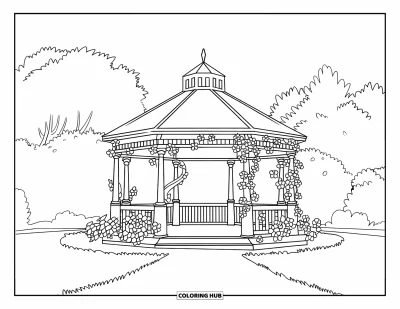 Desenho de parque para colorir para crianças: Um coreto coberto de trepadeiras fica no meio de um parque gramado cercado de árvores