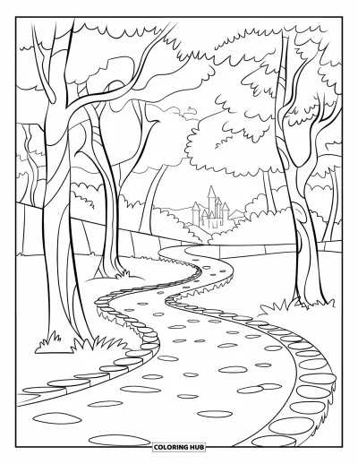 Desenho de parque para colorir para crianças: Uma ciclovia serpenteia por um parque arborizado com um castelo distante à vista