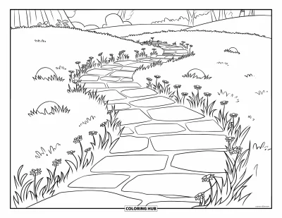 Desenho de parque para colorir para crianças: Um caminho sinuoso com flores e pedras atravessa um parque sereno com árvores ao fundo