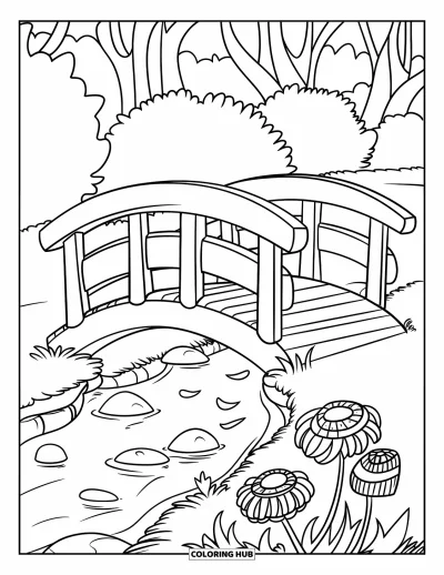 Desenho de parque para colorir para crianças: Uma ponte de madeira com corrimão atravessa um riacho com pétalas de flores espalhadas por perto