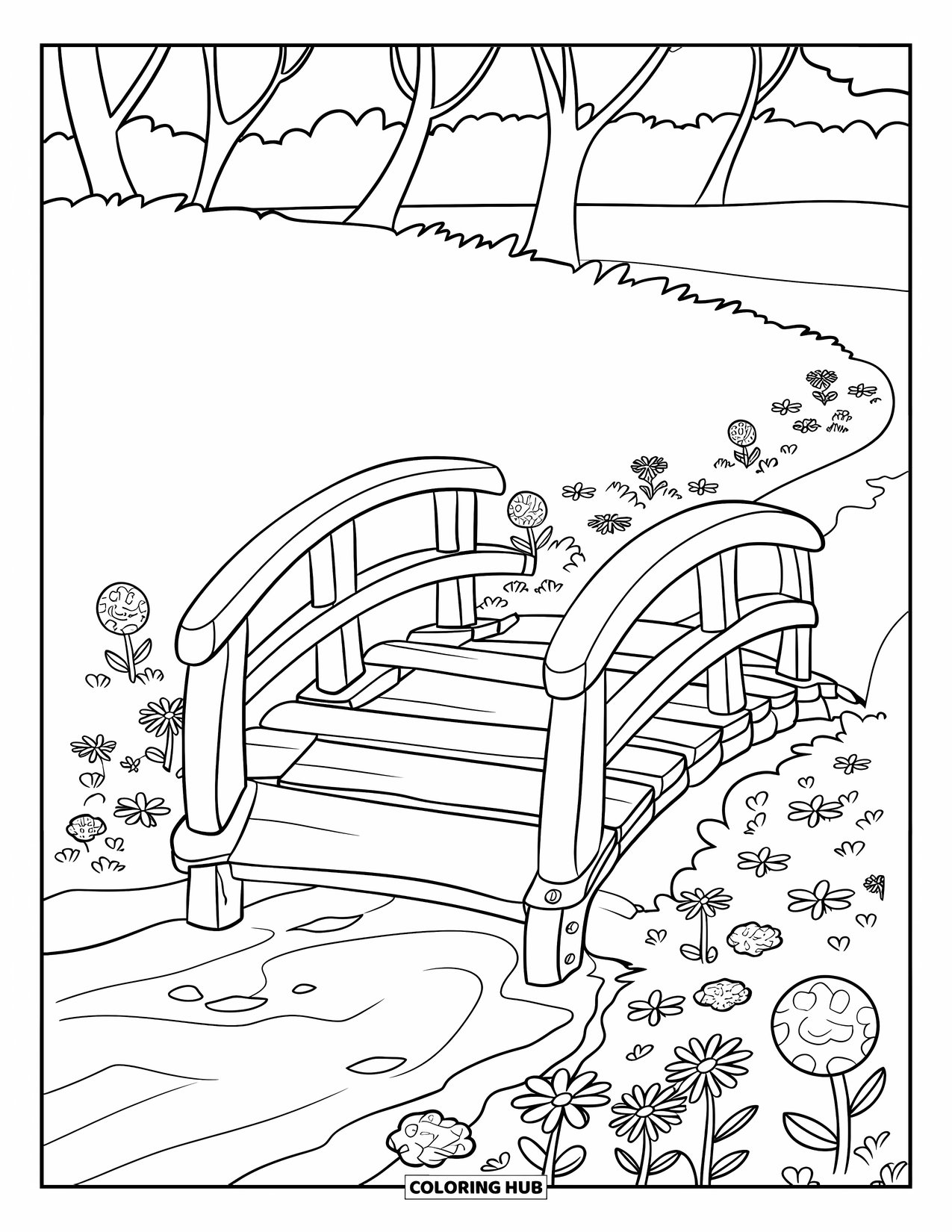 Park Coloring Page for Kids: A wooden bridge with missing planks sits near a stream and lots of colorful flowers