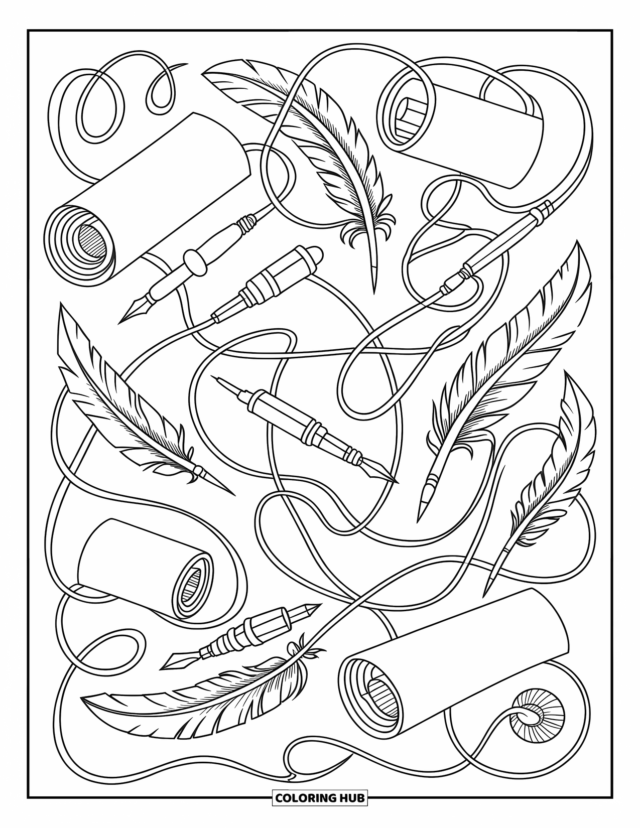 Pattern Coloring Page for Adults: Ancient scrolls and feather pens flow with vines, flourishes, and elegant script