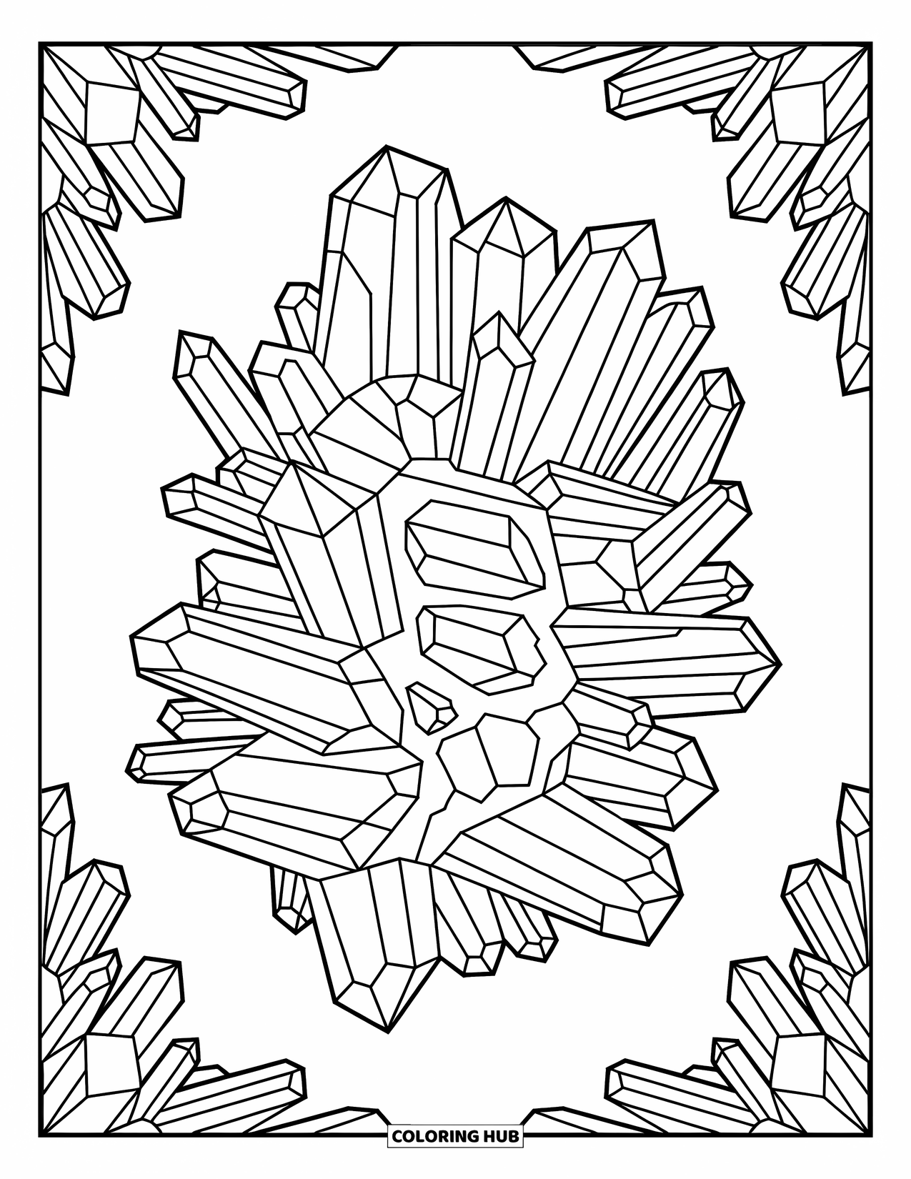 Pattern Coloring Page for Adults: Angular crystals and mineral veins connect in a symmetrical, layered formation