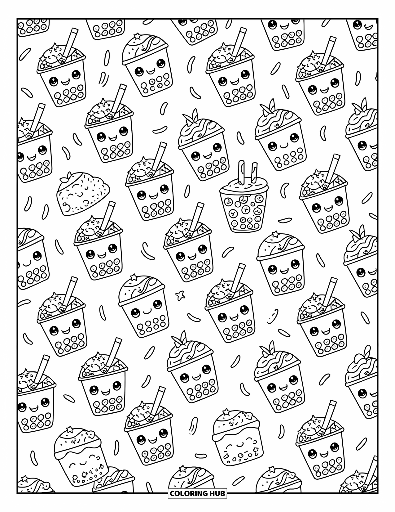 Pattern Coloring Page for Adults: Boba cups with whipped cream, pearls, and tiny straws repeat in neat rows