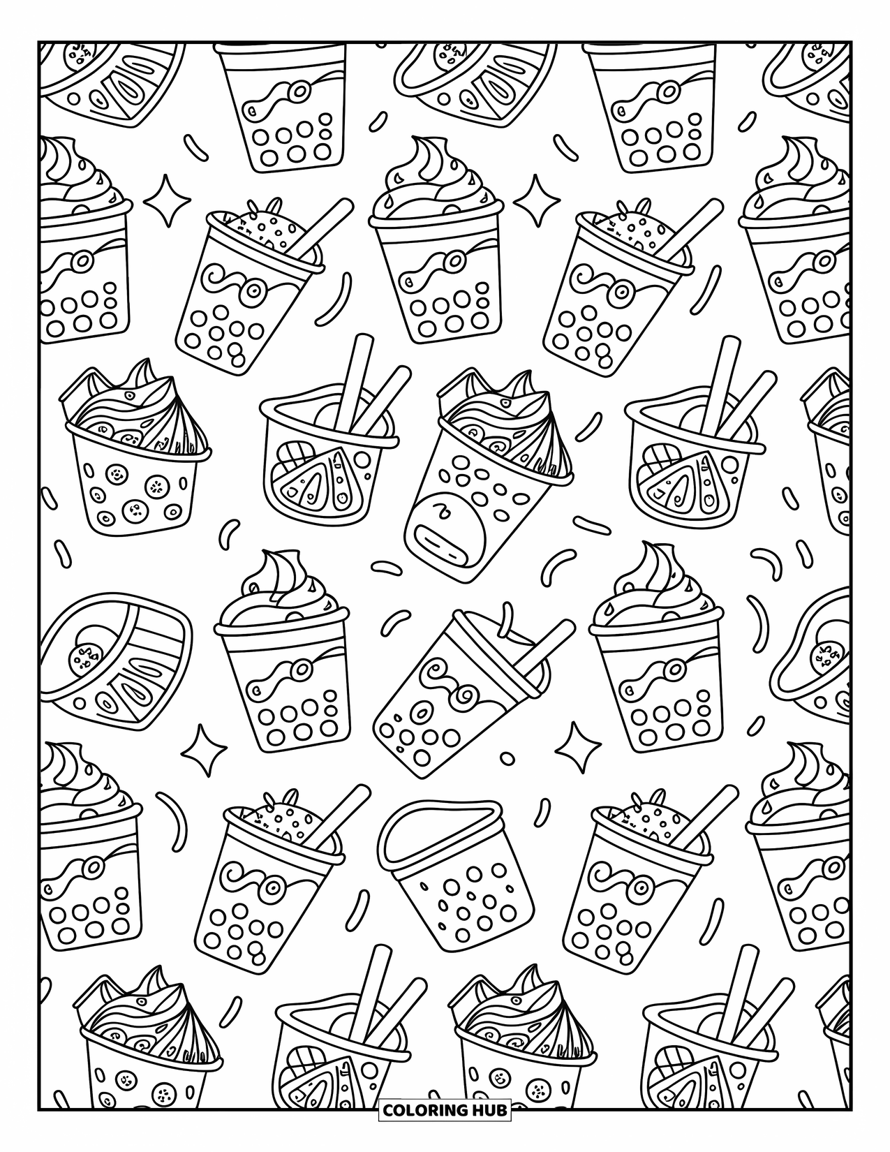 Pattern Coloring Page for Adults: Boba tea cups with fruit, whipped cream, and sprinkles arranged in a fun diagonal layout