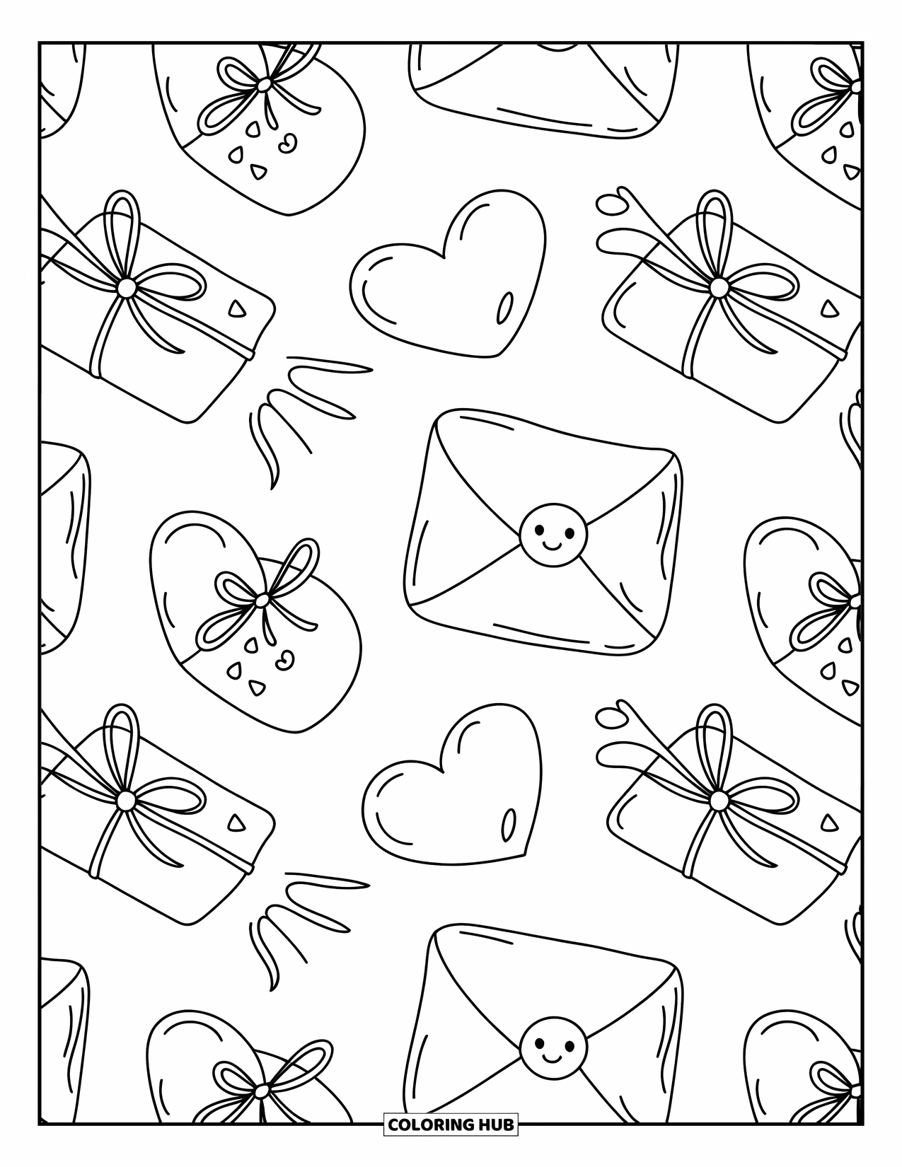 Pattern Coloring Page for Adults: Cheerful envelopes and floating hearts create a sweet mail-inspired scene