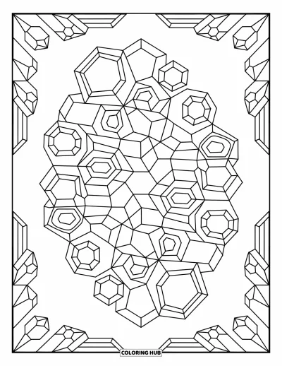 Fargeleggingsark med mønsterdesign for voksne: Krystallinske former danner et balansert mønster av trekanter, fasetter og geometriske figurer