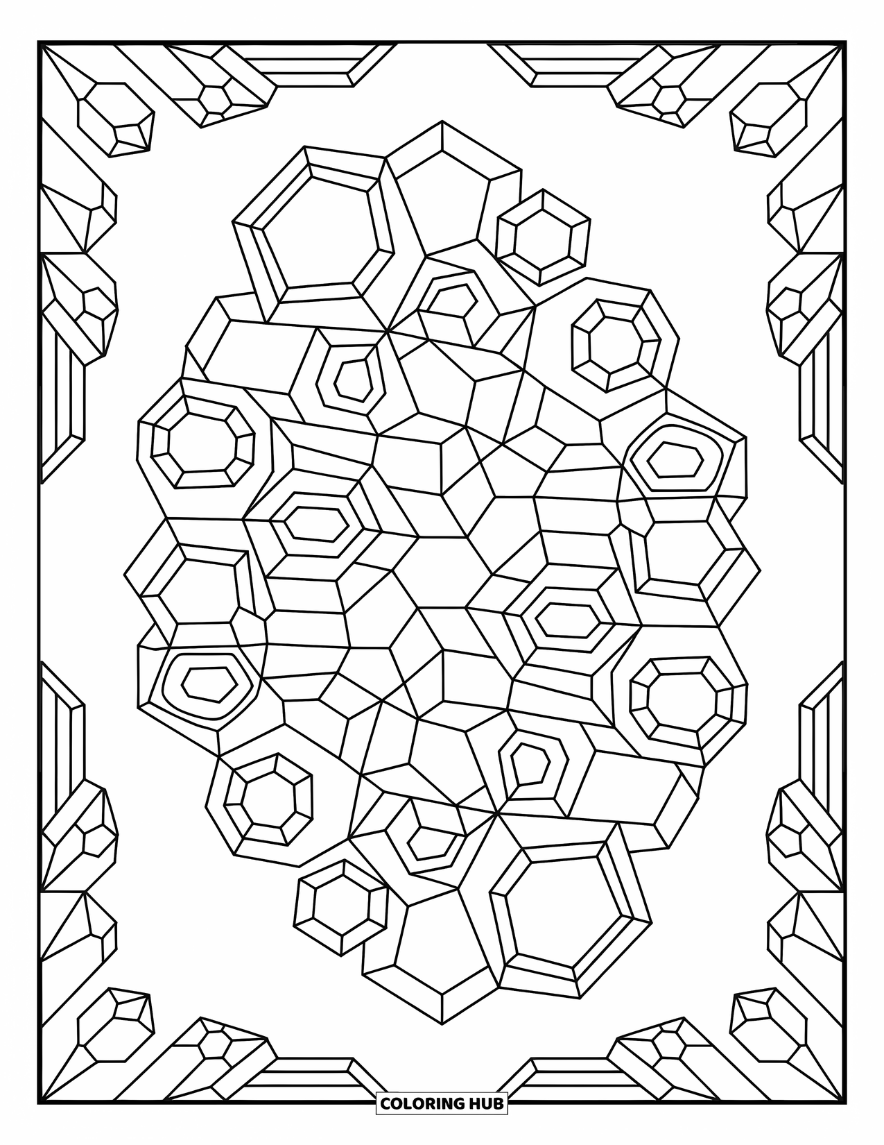 Pattern Coloring Page for Adults: Crystalline shapes form a balanced layout of triangles, facets, and geometric patterns