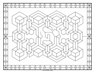Fargeleggingsark med mønsterdesign for voksne: Kuber og sekskanter flyter i et sømløst mønster med blomsteraksenter og geometriske kanter