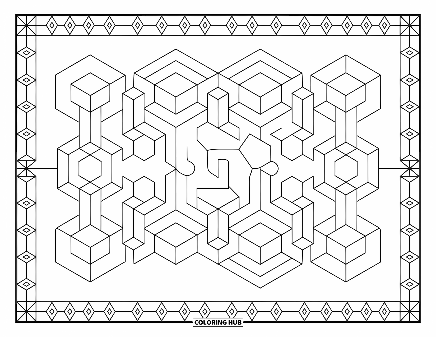 Pattern Coloring Page for Adults: Cubes and hexagons flow in a seamless pattern with floral accents and geometric borders