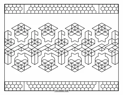 Fargeleggingsark med mønsterdesign for voksne: Kuber og sekskanter overlapper i et flytende mønster fylt med bittesmå geometriske detaljer