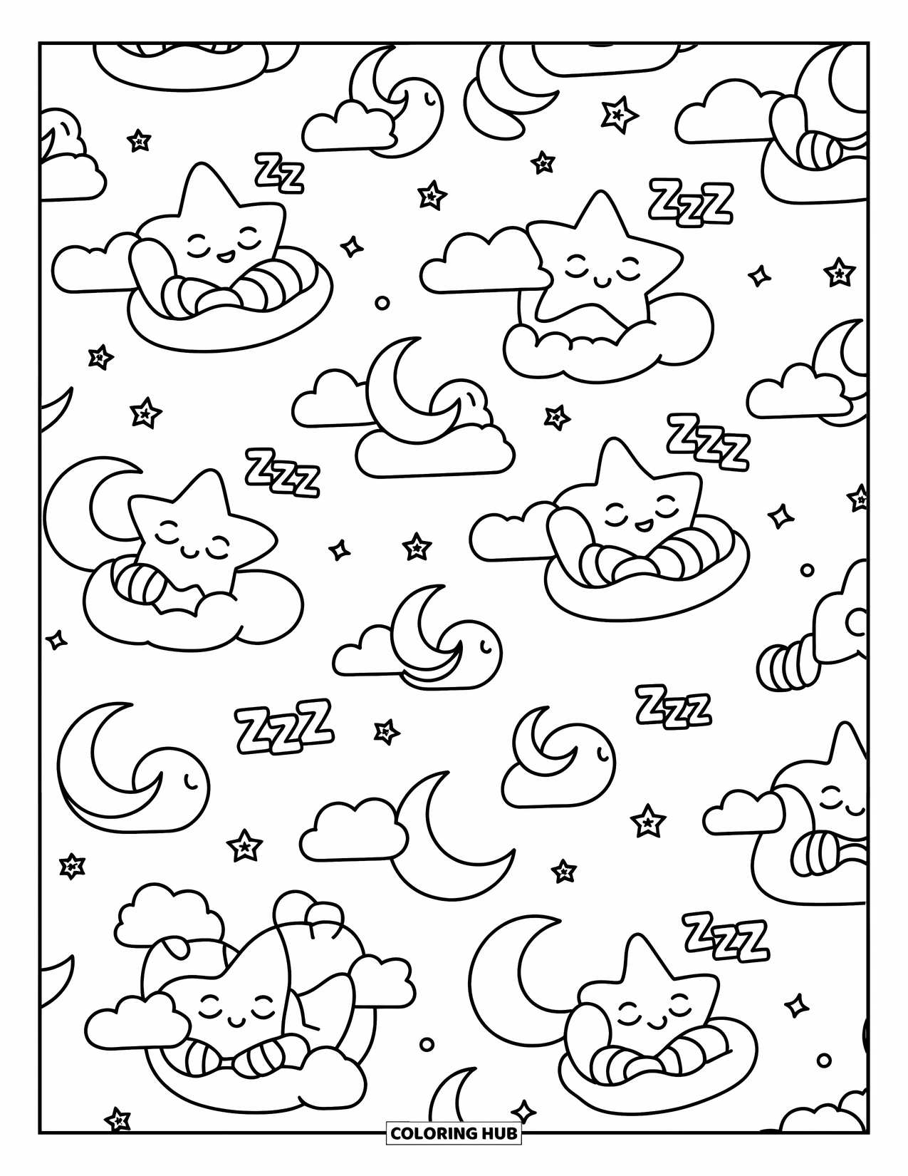 Pattern Coloring Page for Adults: Cuddly stars and clouds repeat with moons, tiny pillows, and floating "Z"s
