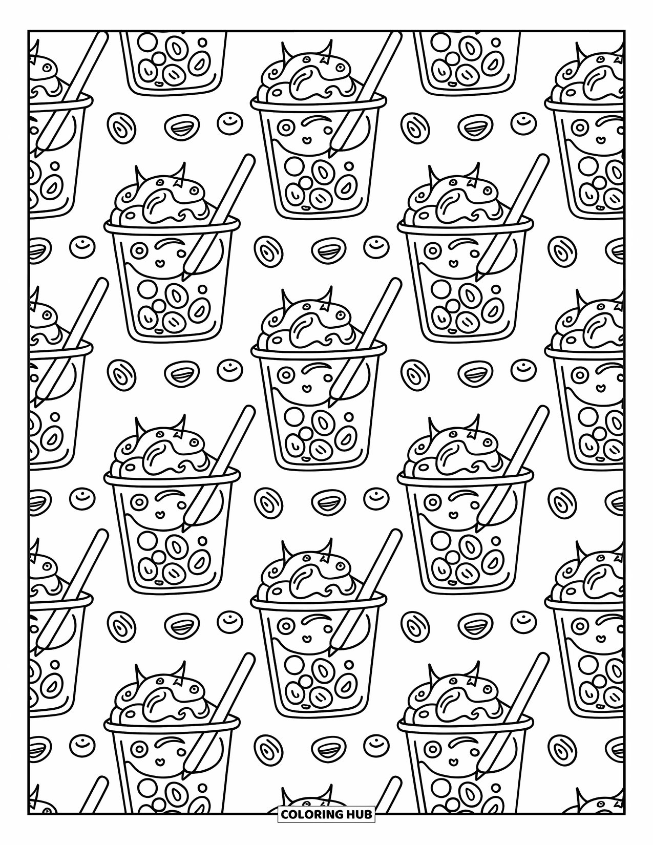 Pattern Coloring Page for Adults: Cute boba tea cups line up with fruit toppings, sprinkles, and straws