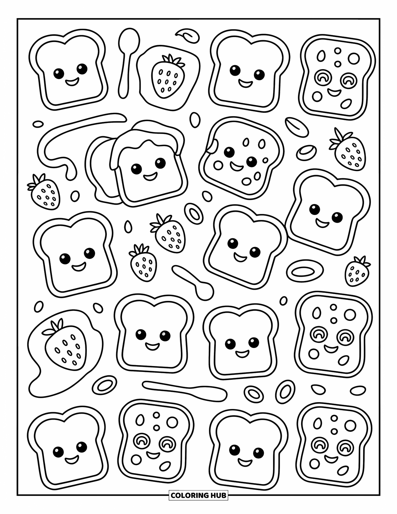 Pattern Coloring Page for Adults: Cute toast topped with sprinkles and syrup sits beside smiling spoons and berries