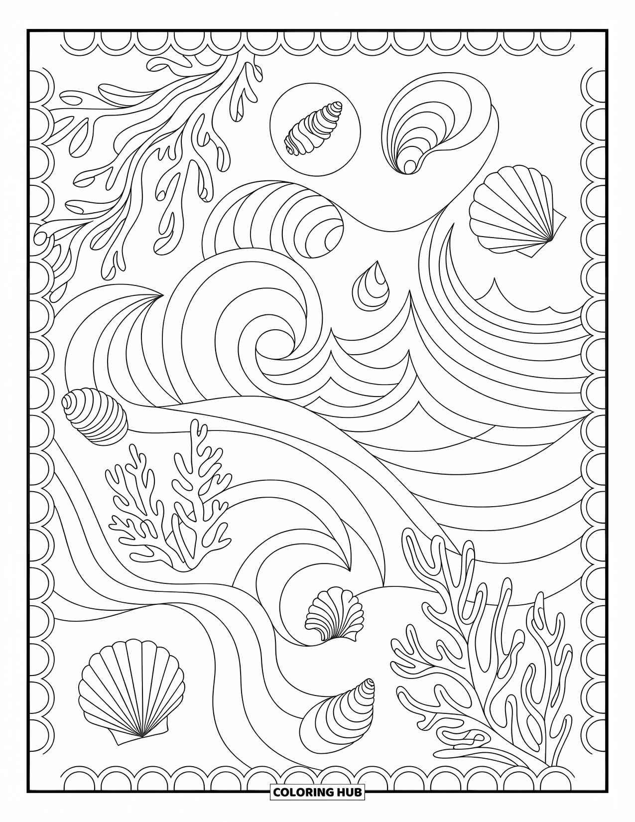 Pattern Coloring Page for Adults: Delicate seashells and coral intertwine with waves in a soothing, structured layout