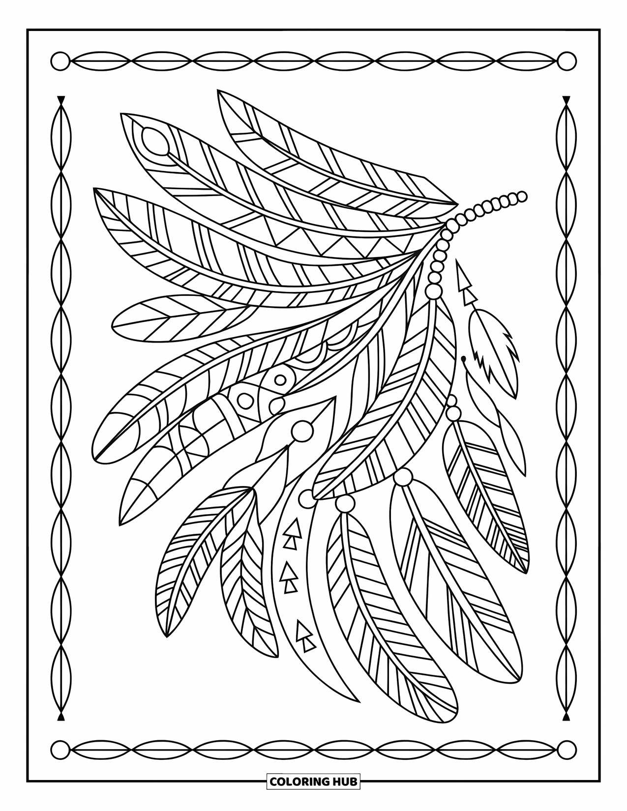 Pattern Coloring Page for Adults: Feathers, beads, and arrows form a circular tribal-inspired pattern with geometric details