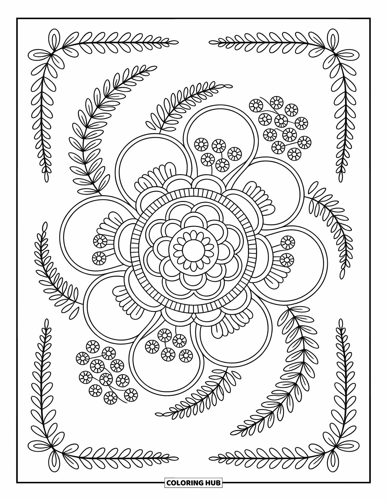 Pattern Coloring Page for Adults: Fern fronds and seed pods wrap around a detailed mandala filled with floral patterns